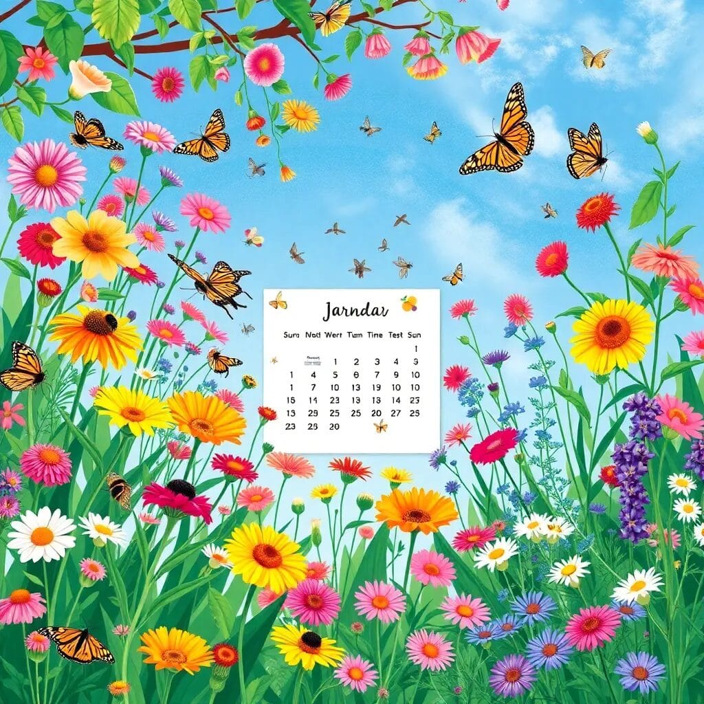 Jardín colorido con mariposas y flores.