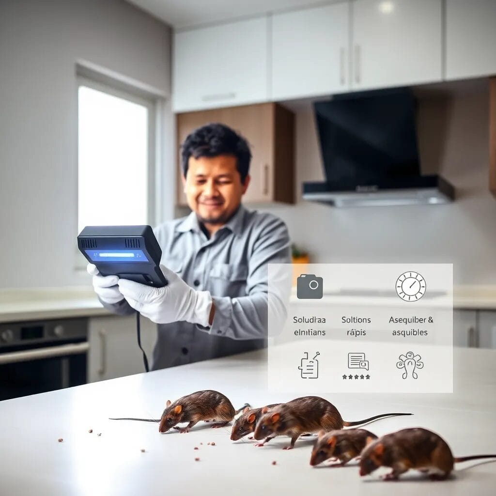 Hombre atrapando ratones en cocina.