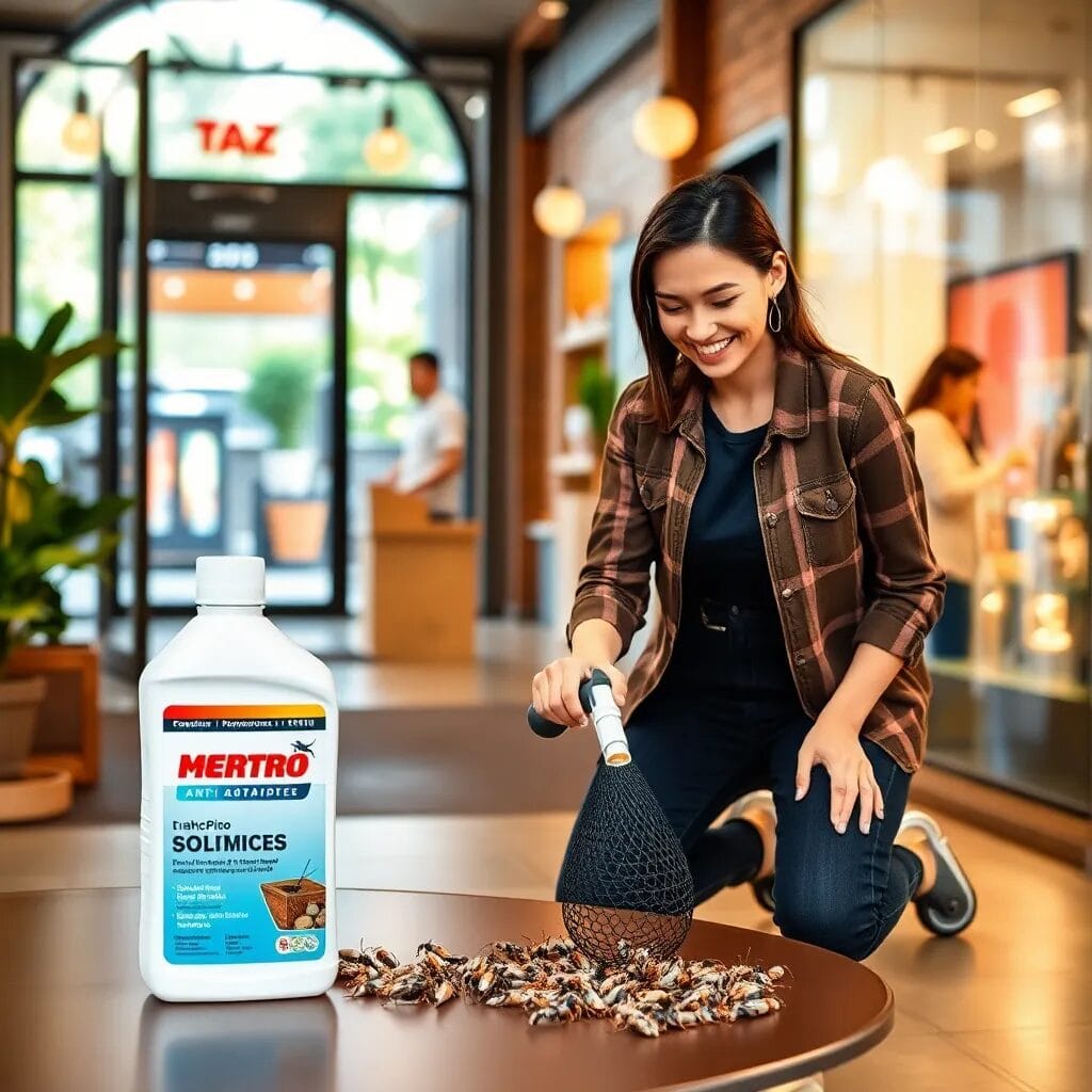 Mujer usando producto contra hormigas.