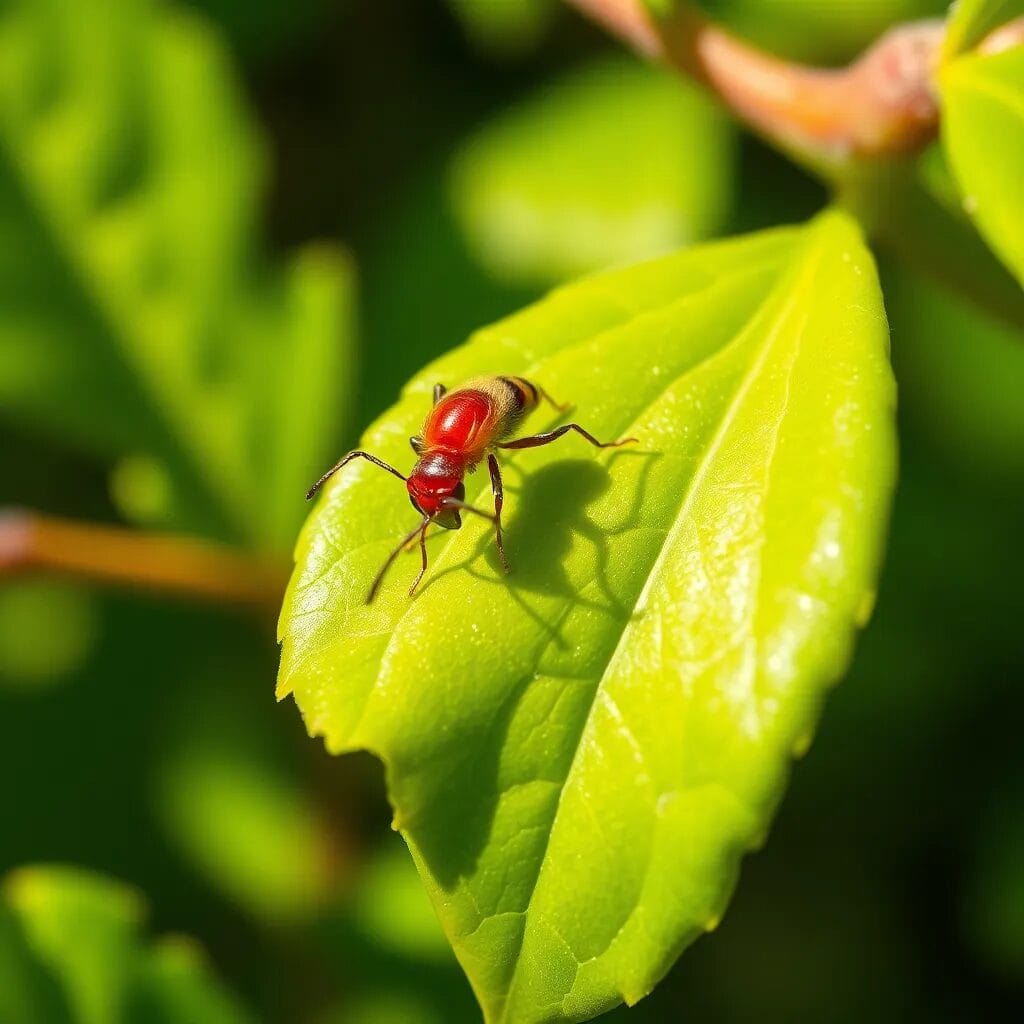Hormiga roja sobre hoja verde.
