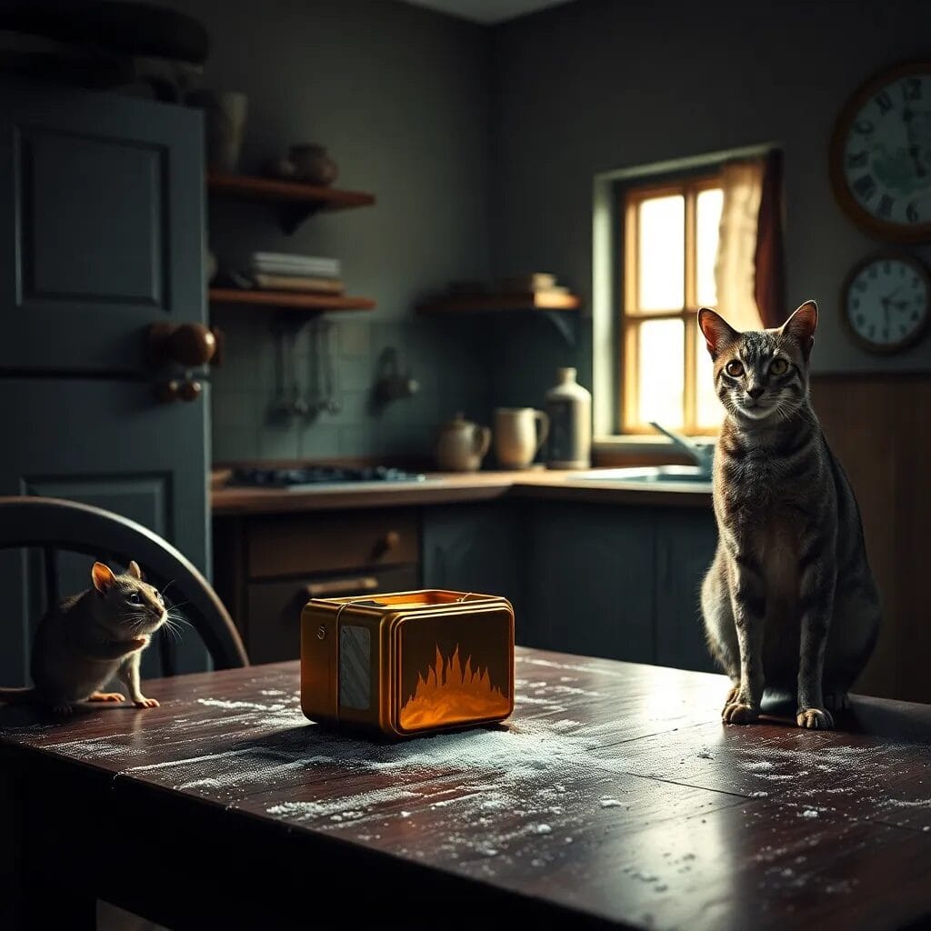 Gatos en una cocina con tostadora.