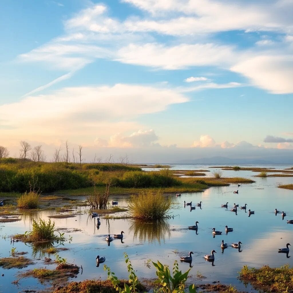 Paisaje sereno con patos nadando.