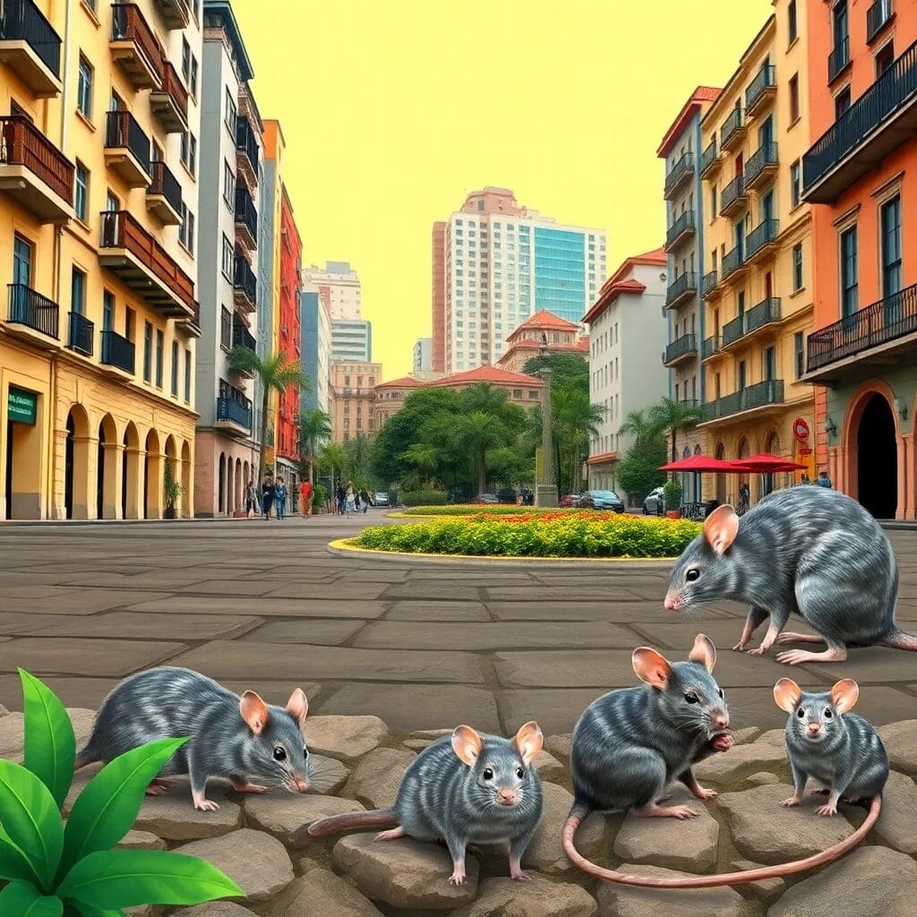 Ratas en una calle urbana colorida.